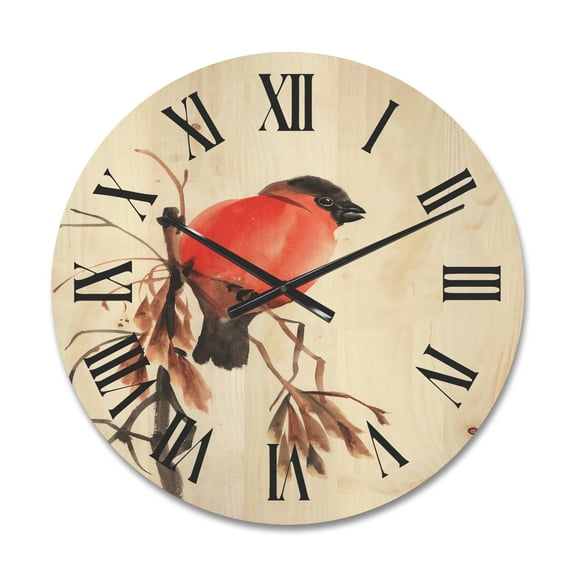 Designart 'Red Bullfinch Bird Sitting On A Branch' Traditional Wood Wall Clock