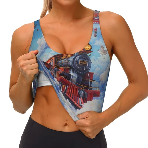 Rateoe Cartoon Train Hot Air Balloon Print Womens' Sports Bras Scoop Neck Sports Vest- Padded U Back Seamless High Impact Support