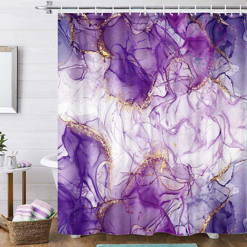 Purple Gold Marble Texture Bathroom Shower Curtain Set with Toilet Lid Cover and Non-Slip Rugs, Abstract Modern 4 Pcs Shower Curtain Set Restroom Decor Accessories with Hooks,72X72in