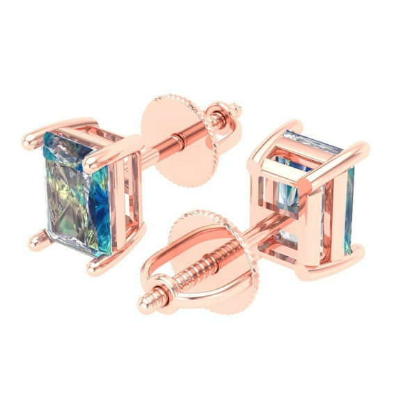 1.0 Ct Emerald Cut Studs Blue Moissanite 14K Rose Solid Solid Gold Everyday Dainty Earrings Screw Back