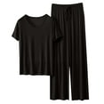 thumbnail image 2 of BWASD Pajamas for Women Set 2 Piece Casual Modal Round Neck Short Sleeve and Pants Pajamas Set Solid Color Large Size Sleepwear Pjs Set Loungewear (Black L), 2 of 6