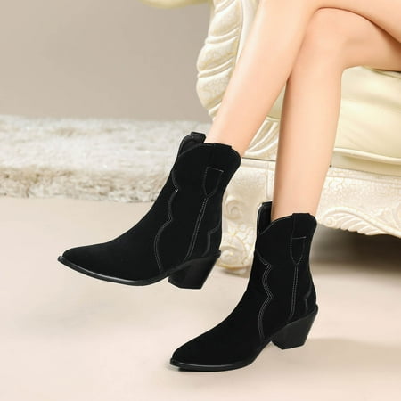 

symoid Womens Boots- foreign Trade Plus Ladies Short Boots Pointed Toe Thick High-heeled Sleeve Low Boots Knight Boots Black 40
