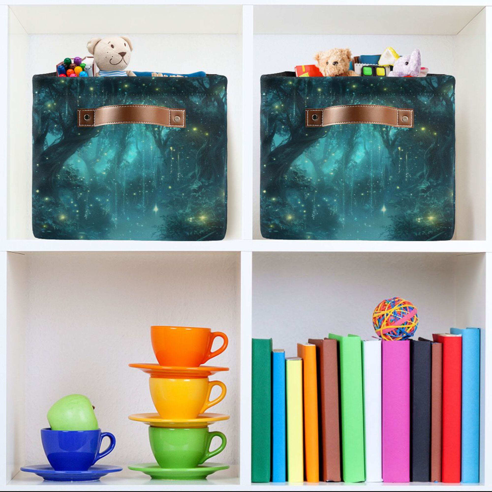 Yayeee Canvas Storage Basket with Handles for Shelves Fabric Bins Closet Organizer, Magical Forest