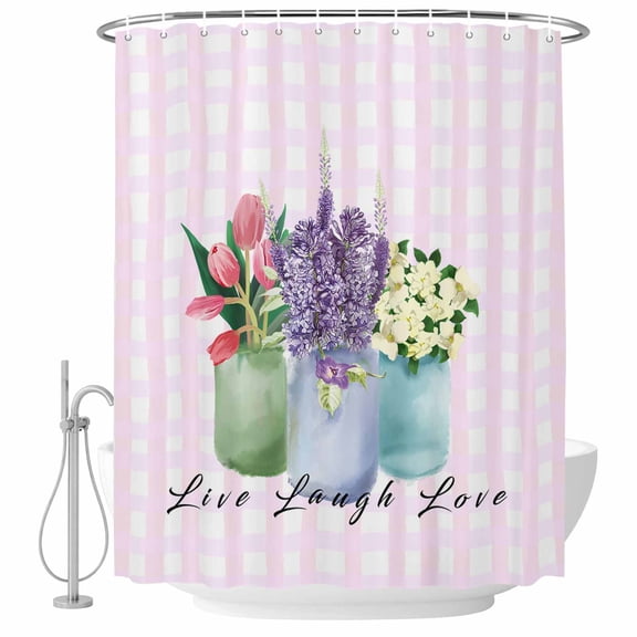 Tulip Lavender Flowers Fabric Shower Curtain Pink Buffalo Plaid Check Washable Shower Curtains for Bathroom, Waterproof Bath Curtain with Hooks Home Decor 36x72in
