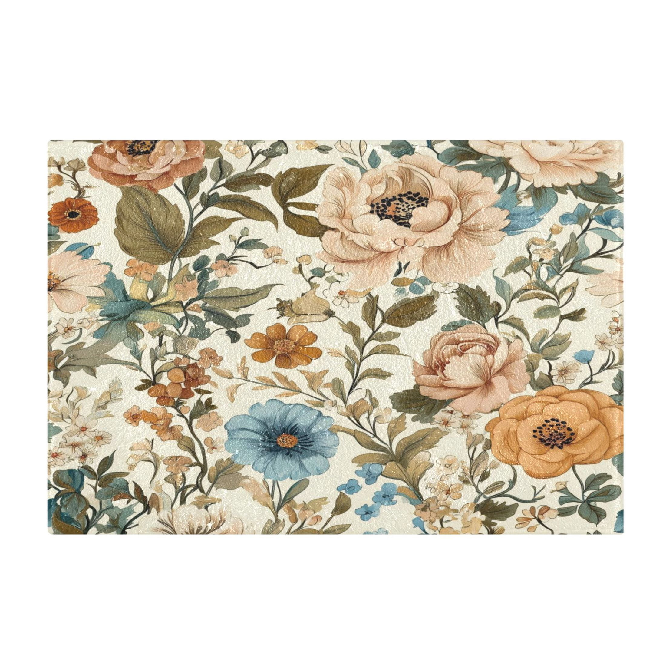 2 Piece Soft Bathroom Rug Set Beautiful Vintage Floral Bath Mat and U-Shaped Toilet Contour Rug (16"x24"+20"x24")