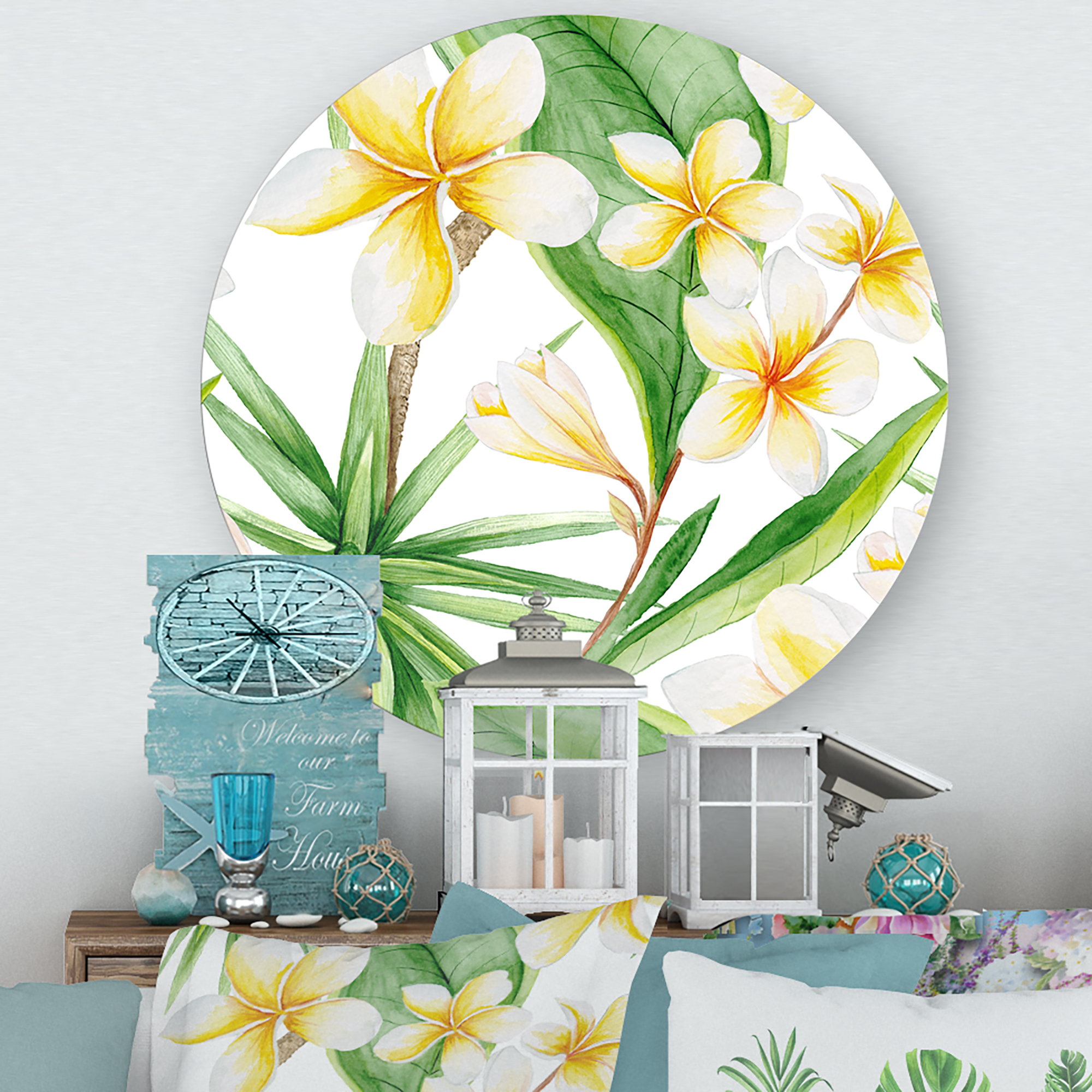 Designart 'Yellow Flowers and Tropical Foliage X' Traditional Circle Metal Wall Art 23x23 - Disc of 23