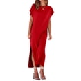 thumbnail image 3 of Lucakuins - Vestido de playa informal de verano para mujer, color sólido, manga corta de murciélago, cuello redondo, vestido dividido Lucakuins  moda, 3 of 8