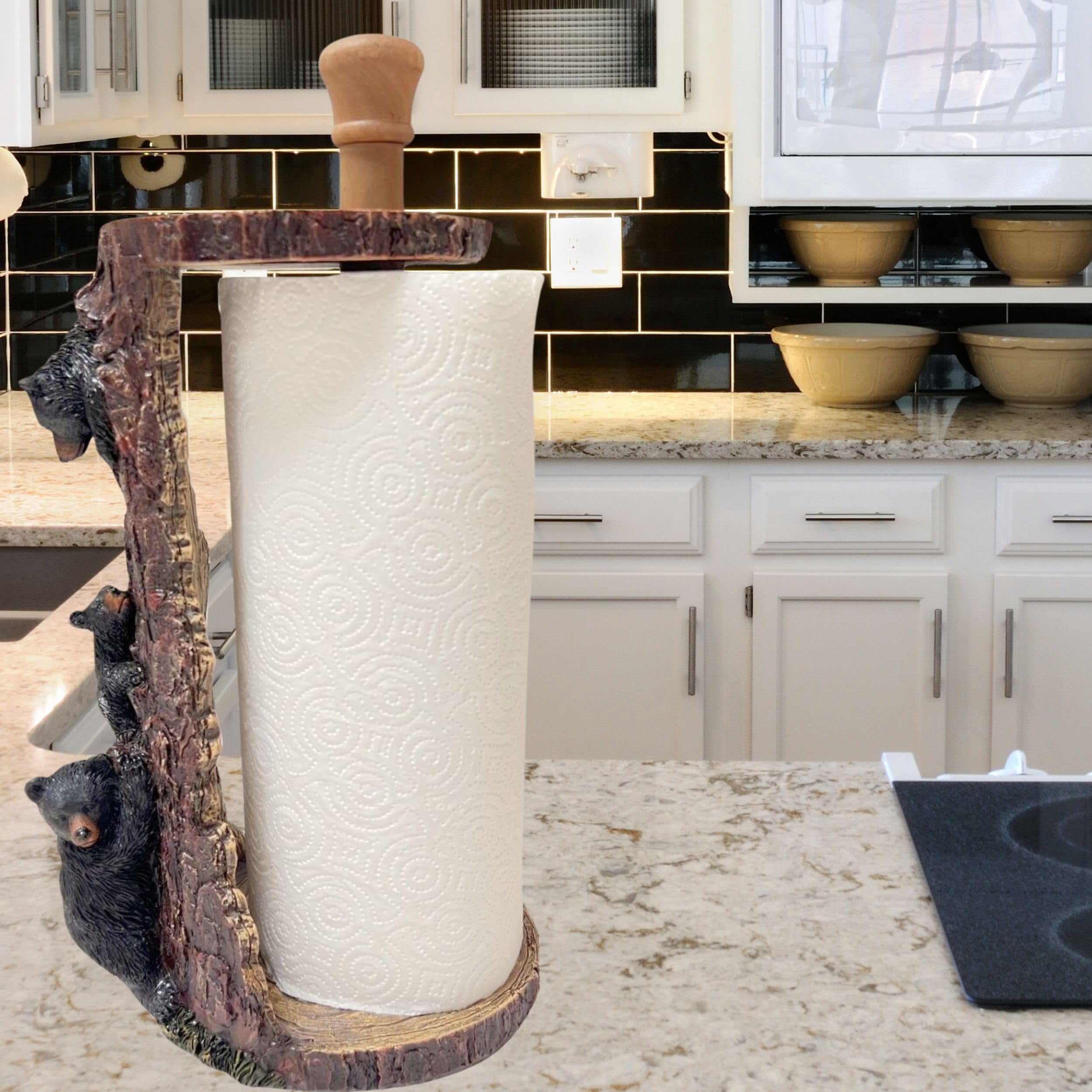 Freestanding Paper Towel Holder with Decorative Bear Design - Rustic Cabin Kitchen Countertop Décor Featuring a Black Bear Family Climbing on a Tree Trunk - Ideal Gift for Bear Lovers