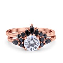 Rose Tone, Simulated Cubic Zirconia Size-10 Two Piece Bridal Set Art Deco Wedding Engagement Vintage Black Marquise CZ 925 Sterling Silver
