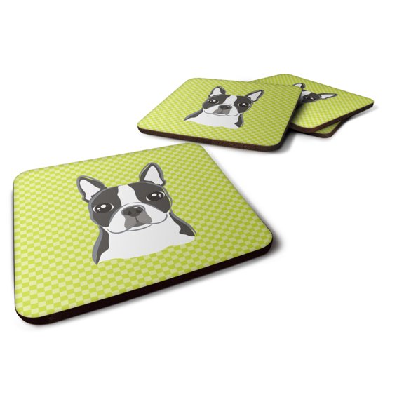 Lime Checkered Boston Terrier Foam Coaster Set of 4