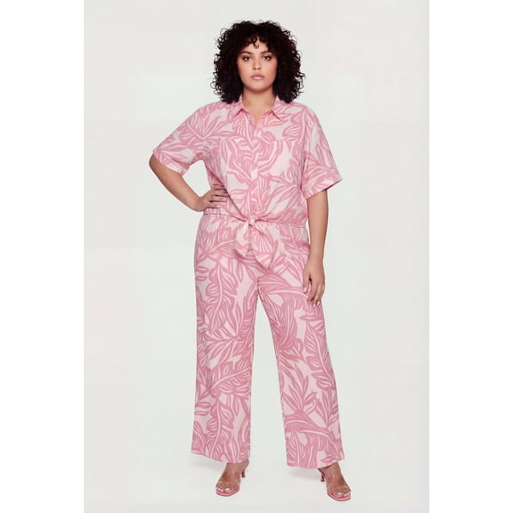 Women's Plus Size Abstract Leaf Print Wide Leg Pants