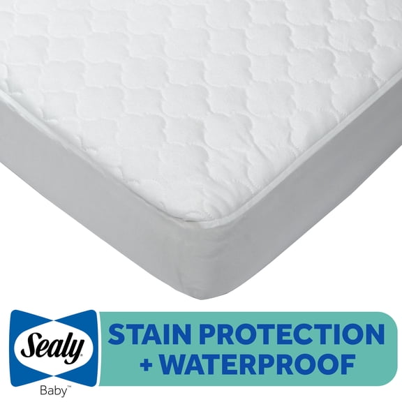 Sealy Total Stain Protection Waterproof Fitted White Crib Mattress Pad, Crib/Toddler Bed Protector, 52" L x 28" W
