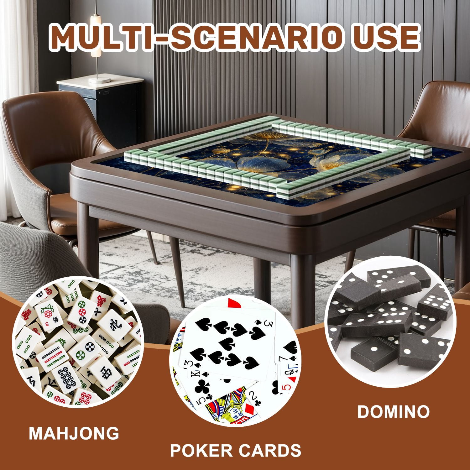 Mahjong Mat 31.5" x 31.5" Elegant Gold Line Floral Deep Blue Non-Slip Noise Reduction American Mahjong Tiles Table Cover for Dominoes Poker Card Board Games Gift