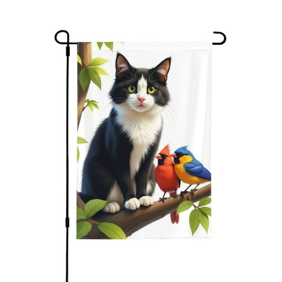Spring Summer Black And White Cat Garden Flag Double Sided 12x18 Inch Outdoor Yard Decor Cute Kitty With Birds Farmhouse Banner