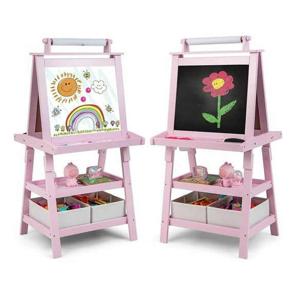 XiHuaZhaoChen Kids Art Easel,3 in 1 Double-Sided Painting Easel w/Magnetic Whiteboard,Chalkboard & Paper Roll,2-Tier Storage Rack & 2 Boxes,Standing Easel for Kids,Toddlers,Gift for Boys,Girls