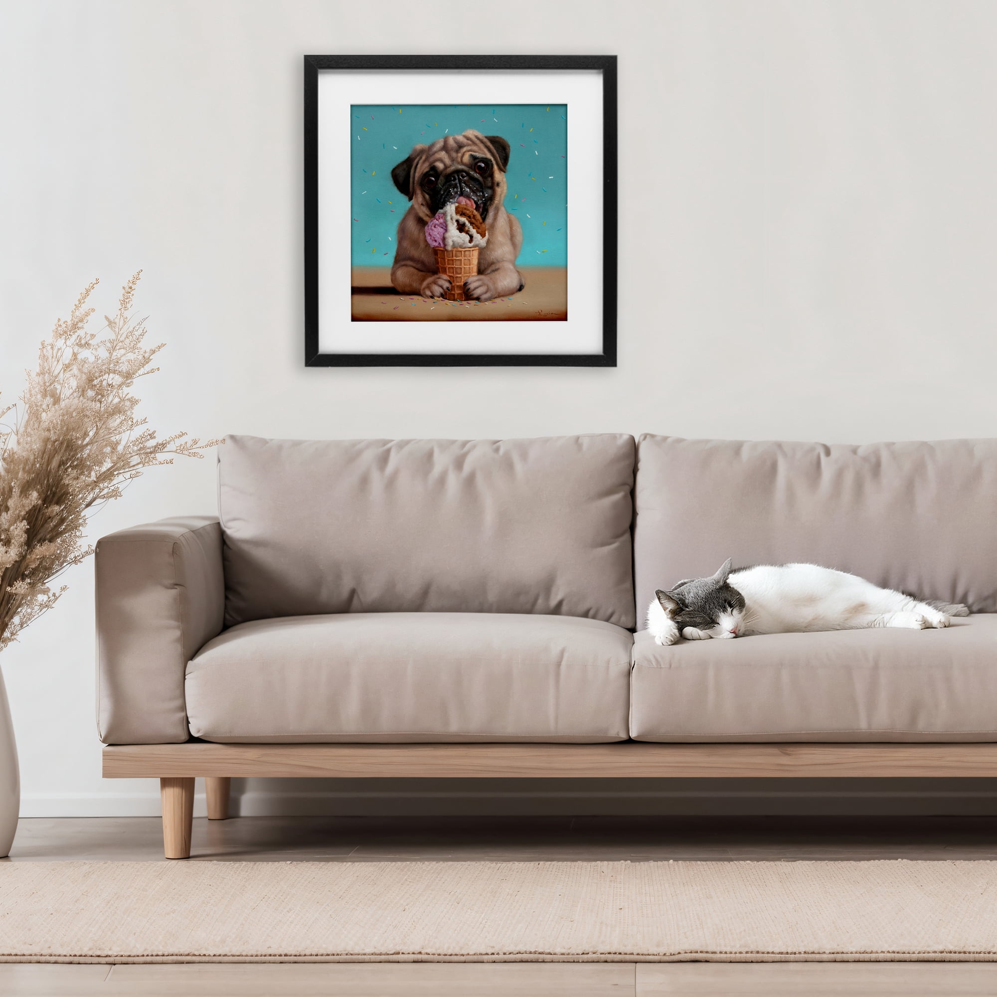 Neapawlitan Ice Cream & Dog Black Framed Print Under Glass, design by Lucia Heffernan