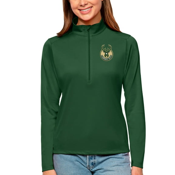 Women's Antigua Hunter Green Milwaukee Bucks Tribute Half-Zip Top