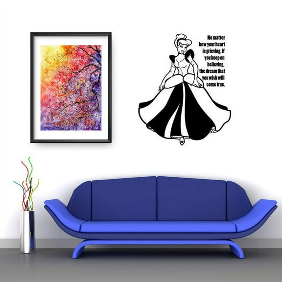 Keep on Believing Cinderella Quote Cartoon Cartoon Wall Sticker Art Decal for Girls Boys Room Bedroom Nursery Kindergarten House Fun Home Decor Stickers Wall Art Vinyl Decoration Size (10x8 inch)