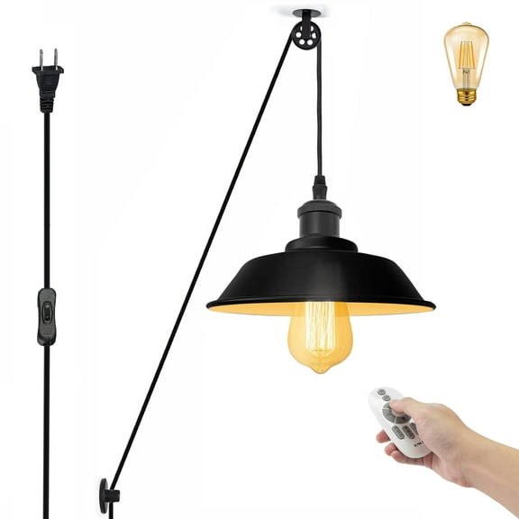 FSLiving Ceramic Liner Lamp Socket Remote Control Swag Pendant Lights with Industrial Pulley 15ft Plug-in Cord with Wheel Black Iron Shape Dimmable&Color Changing Timer for Kitchen Island - 1 Pack