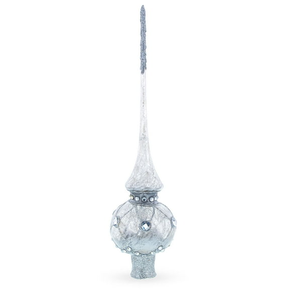 Dimensional White Jewels on Speckled Silver Glass Christmas Tree Topper 11 Inches