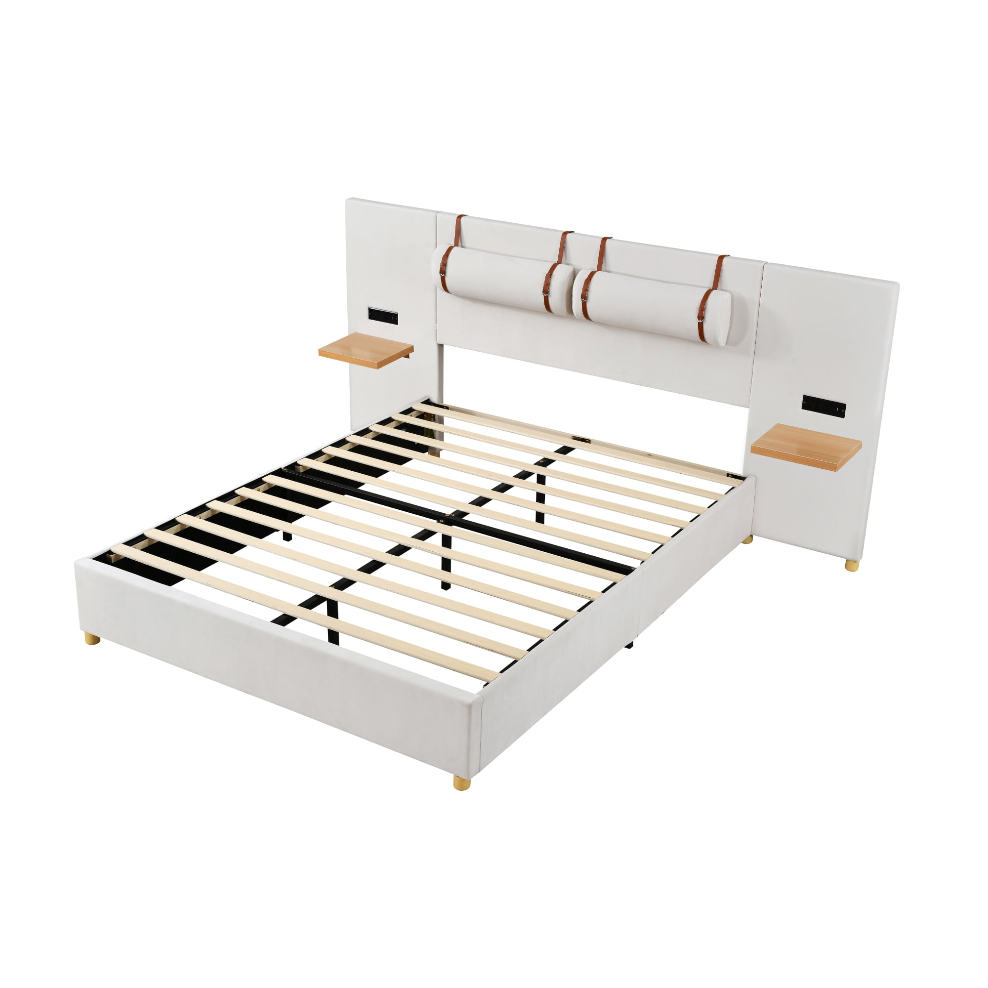 Euroco Upholstered Queen Size Platform Bed with Shelves, USB Charging and Pillows for Adults, Beige