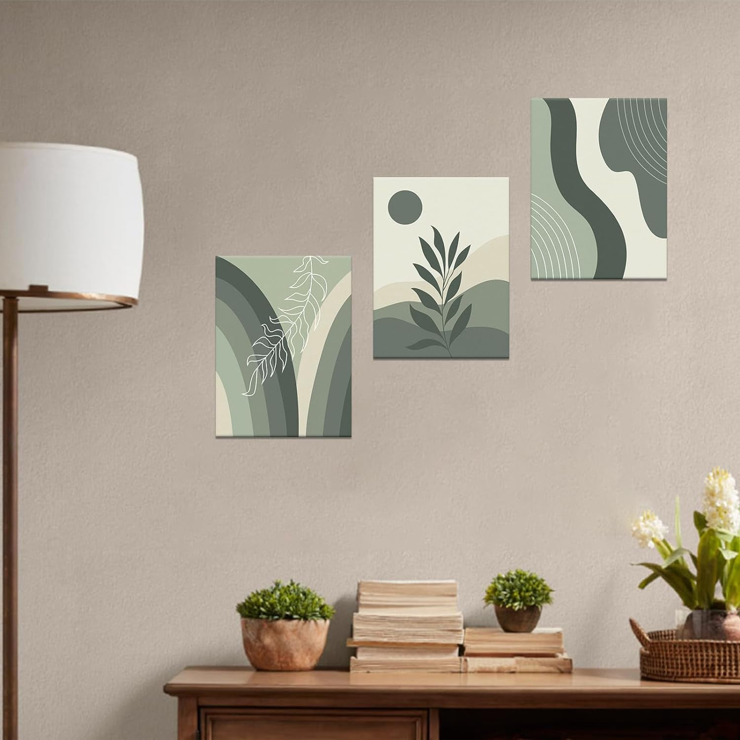 Boho Wall Art Decor Framed Canvas Print Wall Art Set Mid-Century Modern Posters Minimalist Botanical Geometric Abstract Neutral Room Decor for Bathroom, Bedroom, Living Room, Office 12”x16”x3Pcs