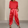 thumbnail image 4 of Quixlent 2 Pcs/Set Women Top Pants Suit Satin Smooth Surface Half Sleeves O Neck Loose T-shirt Lace-up Pure Color Trouser with Pockets Lady Casual Pantsuit, 4 of 8