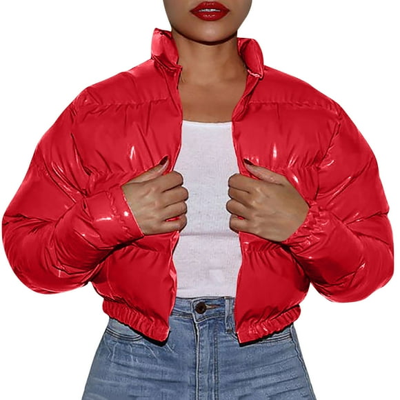Baberdicy Lady Cotton Clothes Women Autumn and Winter Cotton Coat Shiny Metal Short Cotton Coat Essentials Women's Heavyweight Puffer Jacket Red