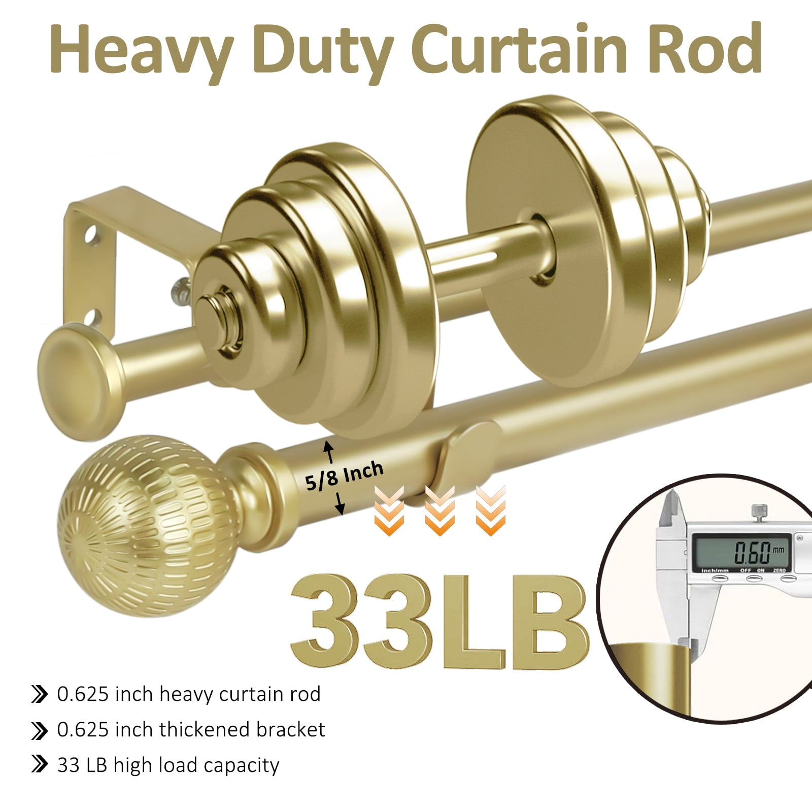 Ridicili 5/8" Telescoping Double Curtain Rods with Reticulated Ball Finials, Gold, 28"-48", 5/8 Inches Front and 1/2 Inches Back Double Window Drapery Rod