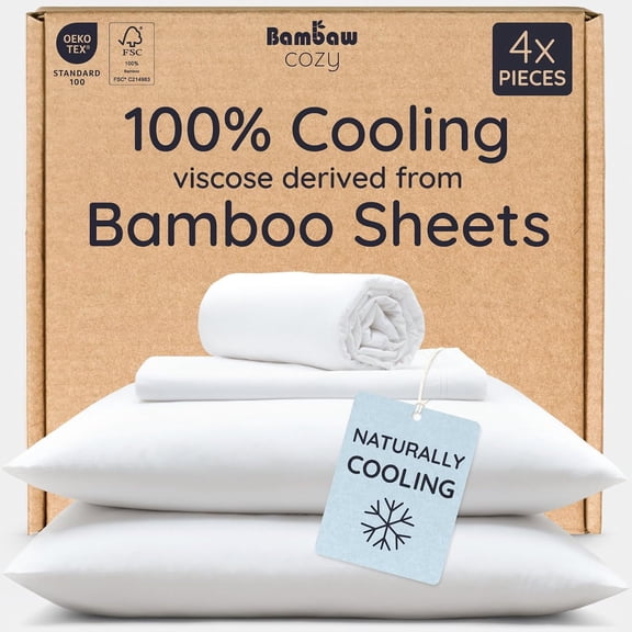 100% Viscose Derived from Bamboo Sheets Queen Size Deep Pocket 4-Piece Set with Elastic Corner Straps White