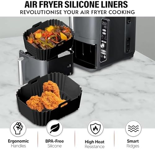 Air Fryer Silicone Liners for Ninja AF140 AF141 AF180 AF181 Air Fryer for Philips HD9270 Basket Baking,9inch Reusable square,Black×2 pack