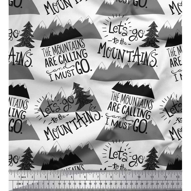 Soimoi White Moss Georgette Fabric Mountains & Text Print Sewing Fabric Yard 42 Inch Wide