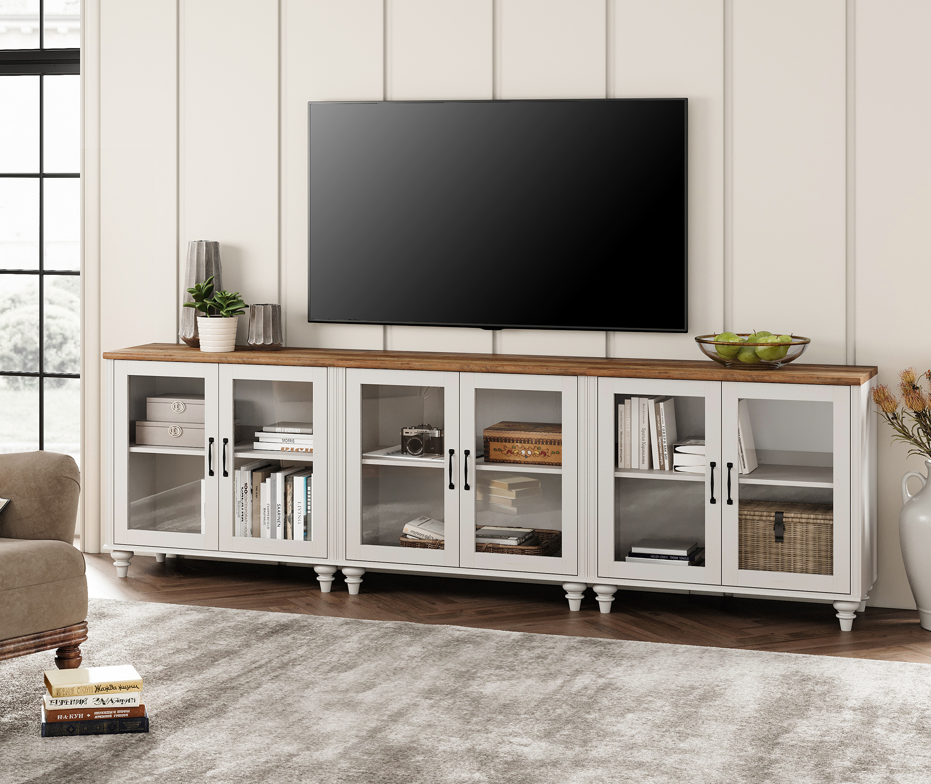 TV Stand for 100 Inch TV, Wooden Entertainment Center with 6 Glass Doors & Ample Storage, Off White Media Console for Living Room, Dining Room & Bedroom