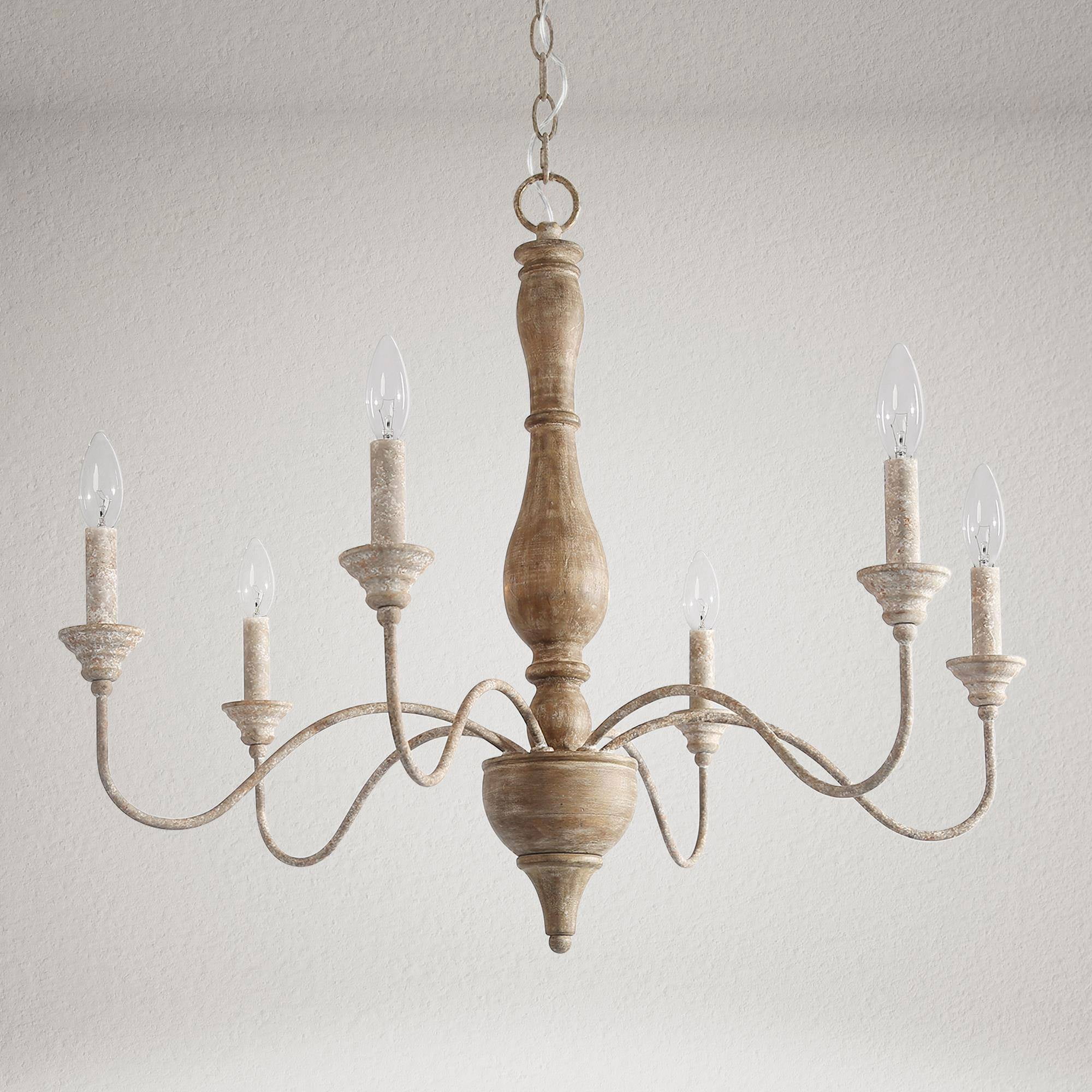 LNC 6-Light Grayish Wood and Antique White French Country LED Chandelier