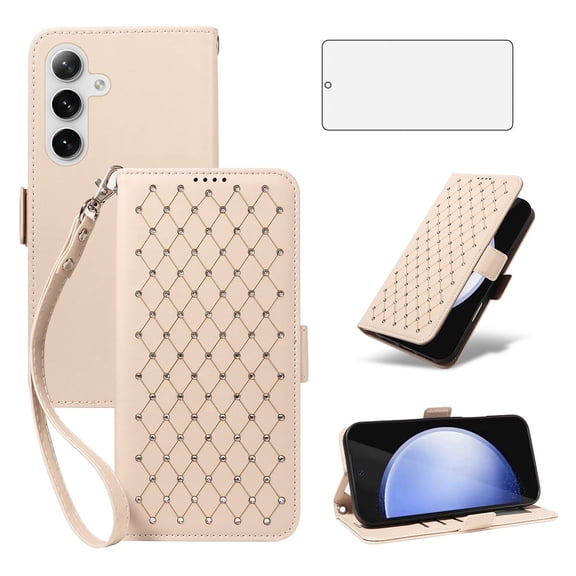 Asuwish Phone Case for Samsung Galaxy S24 FE Wallet Case, Shiny Leather Wallet Cover with Wriststrap with 15 Card Holder Slots Kickstand Shockproof Case for Samsung Galaxy S24 FE-Beige