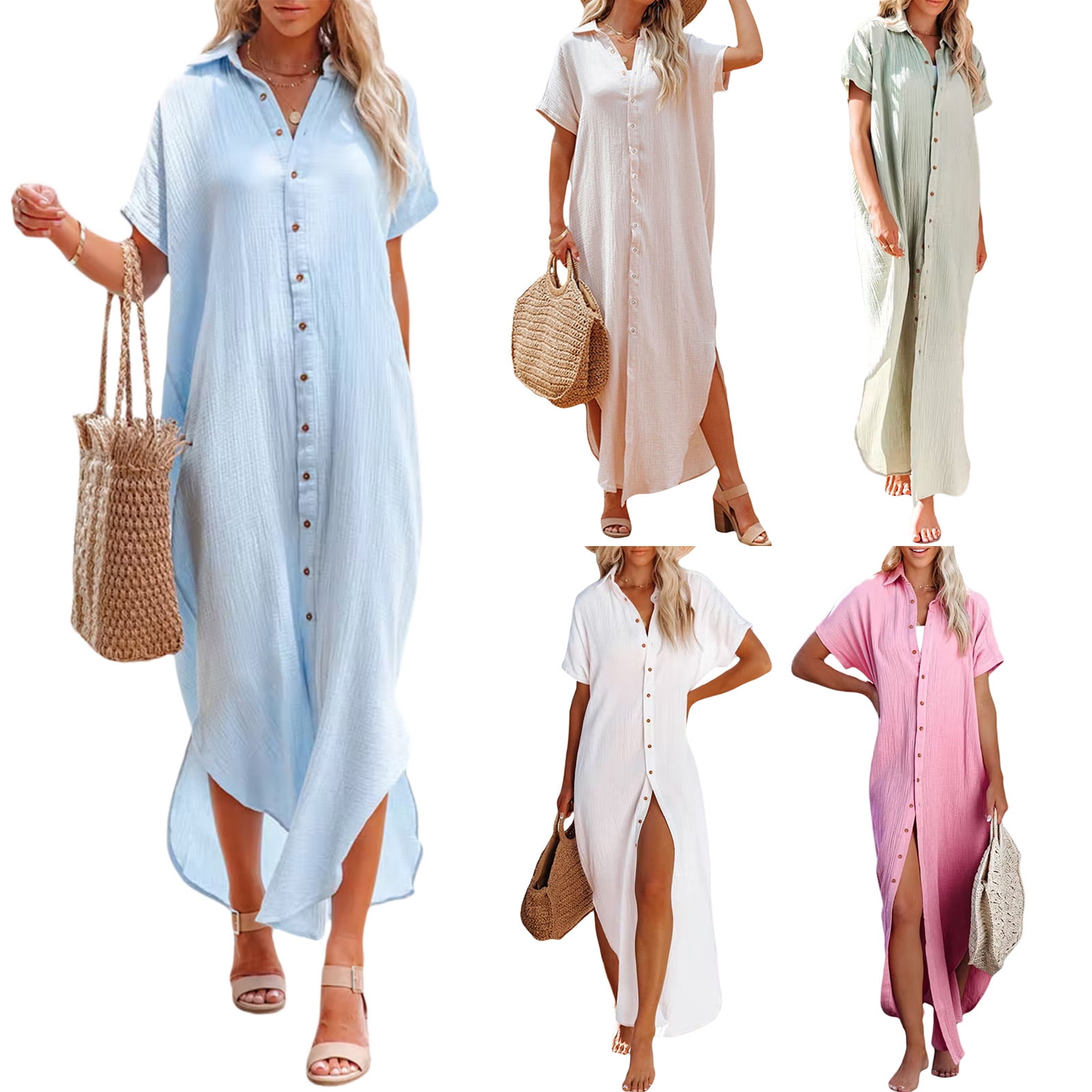 Women Swimsuit Cover Up Dress Short Sleeve Side Split Button Down Long