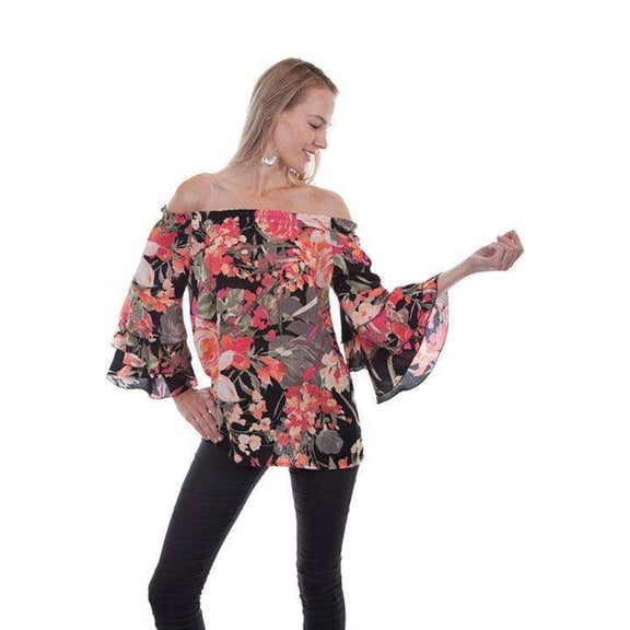 Scully Womens Black Multi Polyester Floral Print S/S Blouse L