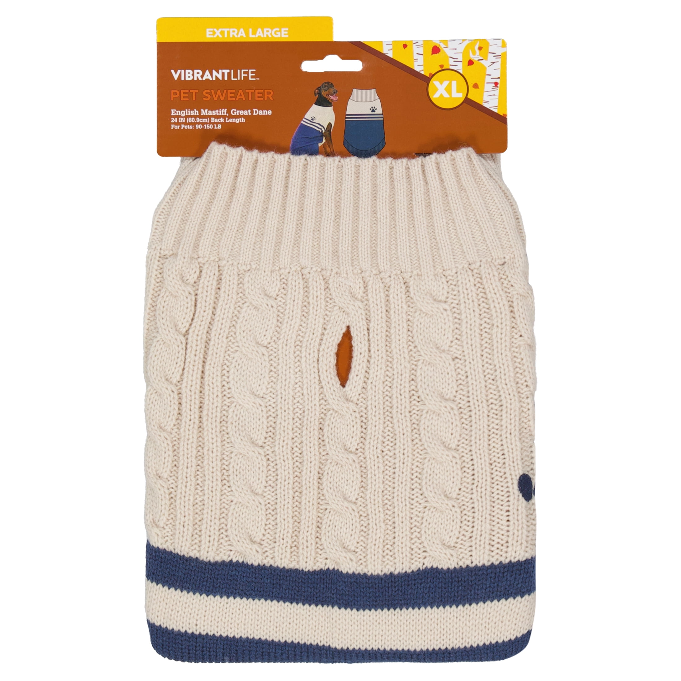 Vibrant Life Paw Dog Sweater, Cream & Navy, XL, Among Other English Mastiff, Great Dane