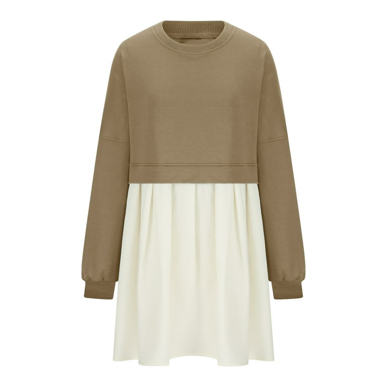Casual Solid Patchwork Contrast O Neck Pleated Dresses Casual Solid Patchwork Contrast O Neck Pleated Dresses