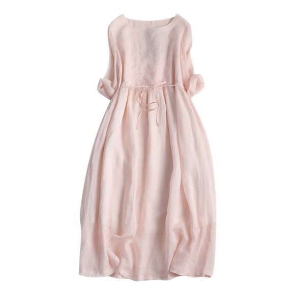 fartey 3/4 Sleeve for Women 2024 Cotton Linen Dress Tunic Pleated Solid Color Summer Dresses Breathable Casual Round Neck Flowy Sundress for Beach