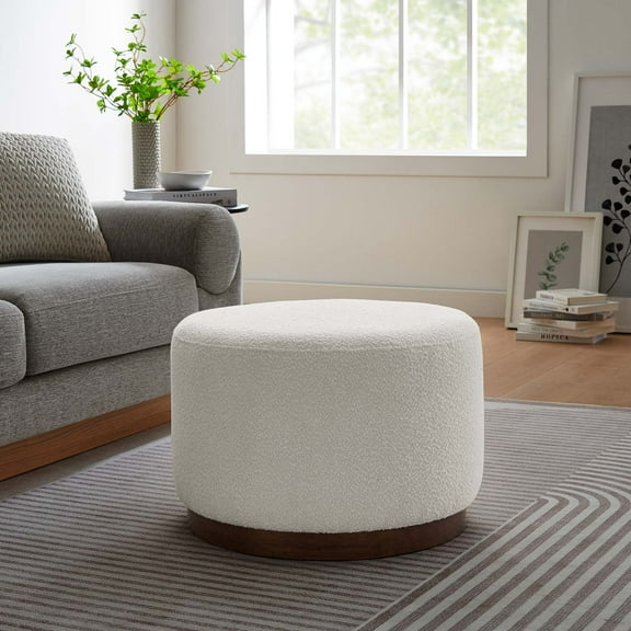 Modway Tilden Large 23" Round Boucle Upholstered Ottoman in Cloud Walnut