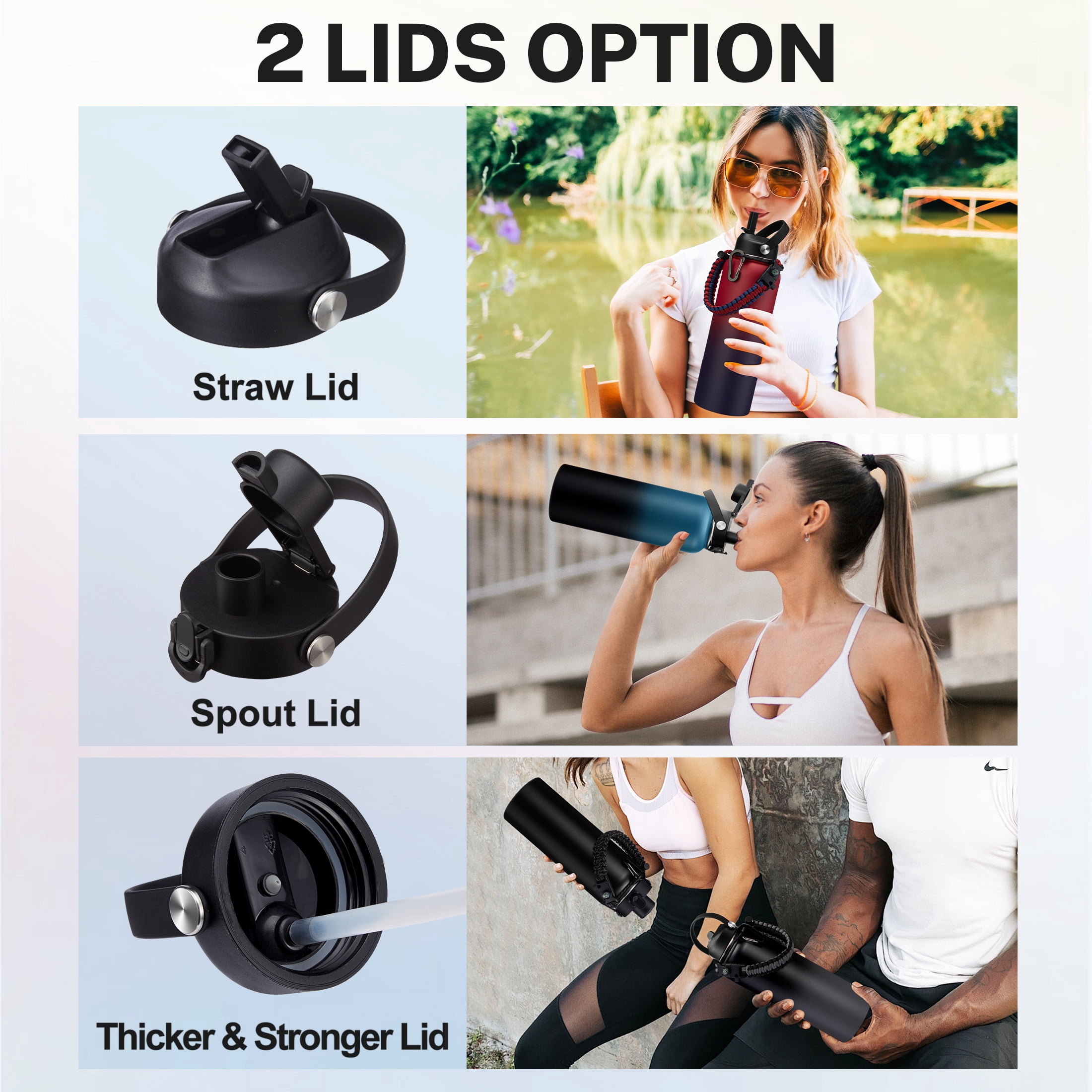 Vacuum Insulated Water Bottle 40oz - with Straw & Spout Lids, Paracord Handle for Sport, Protective Cup Mat, BPA-Free Reusable Insulated Water Bottle - Black Hydro Bottle with Straw,Cold-48H Hot-24H