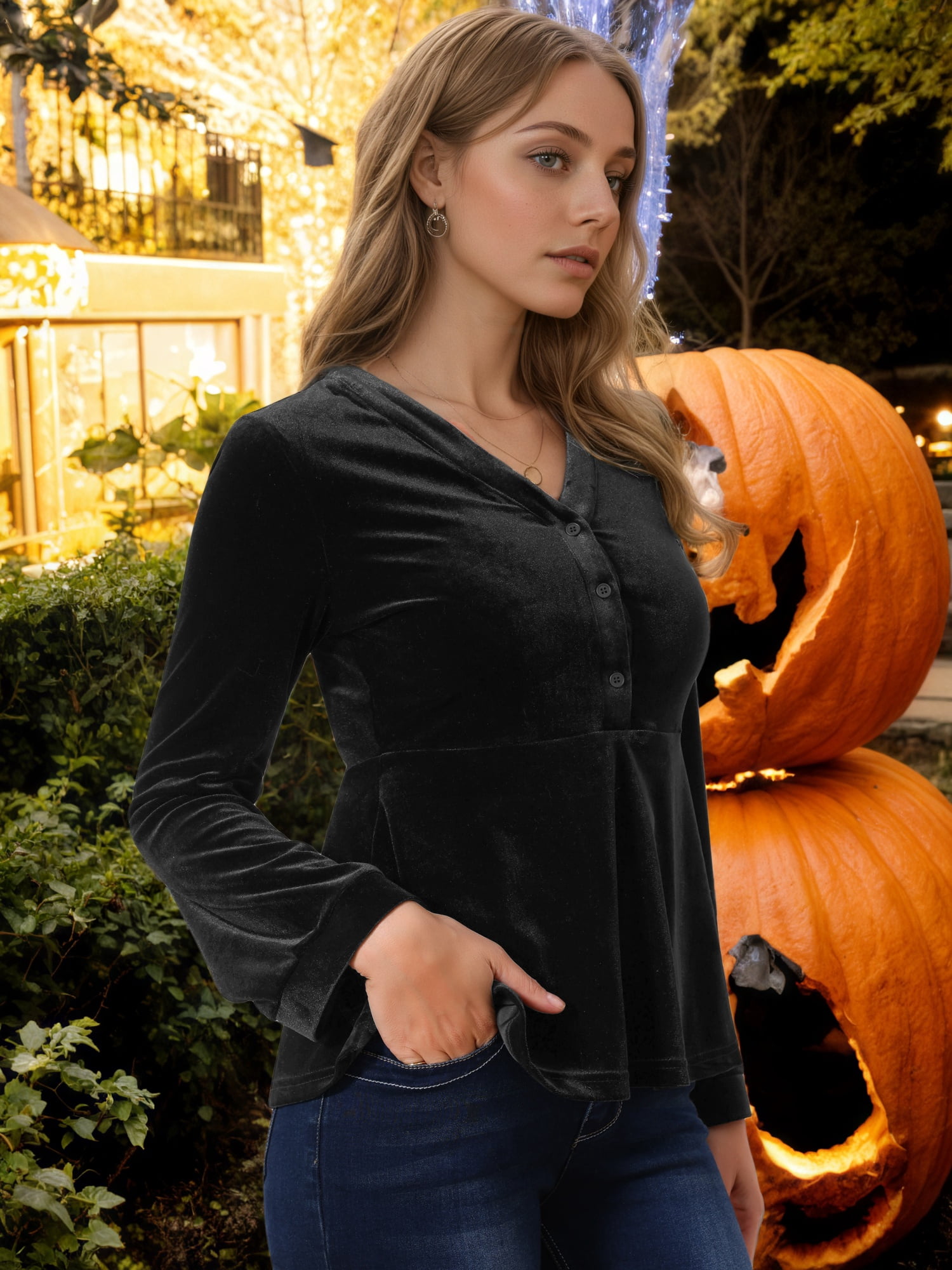 DARING DIVA Women's Velvet V Neck Long Sleeve Babydoll Peplum Top S Black