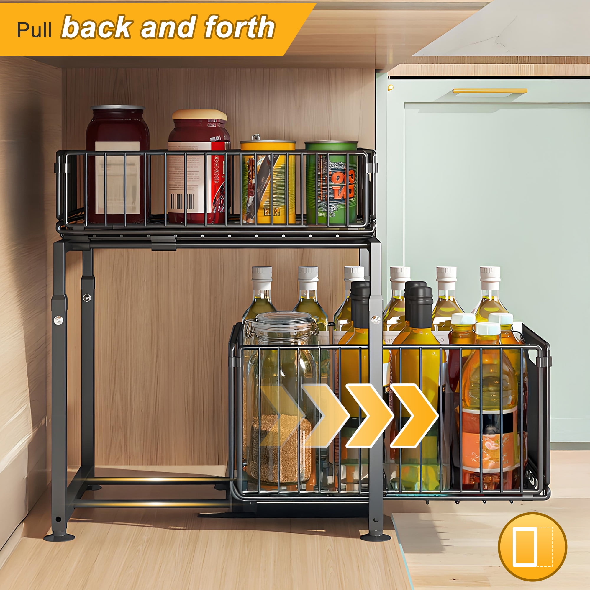 Storvive 2-Tier Under Sink Organizer, Carbon Steel Pull Out Cabinet Drawer, No-Drill Slide Out Storage for Kitchen Pantry Bathroom