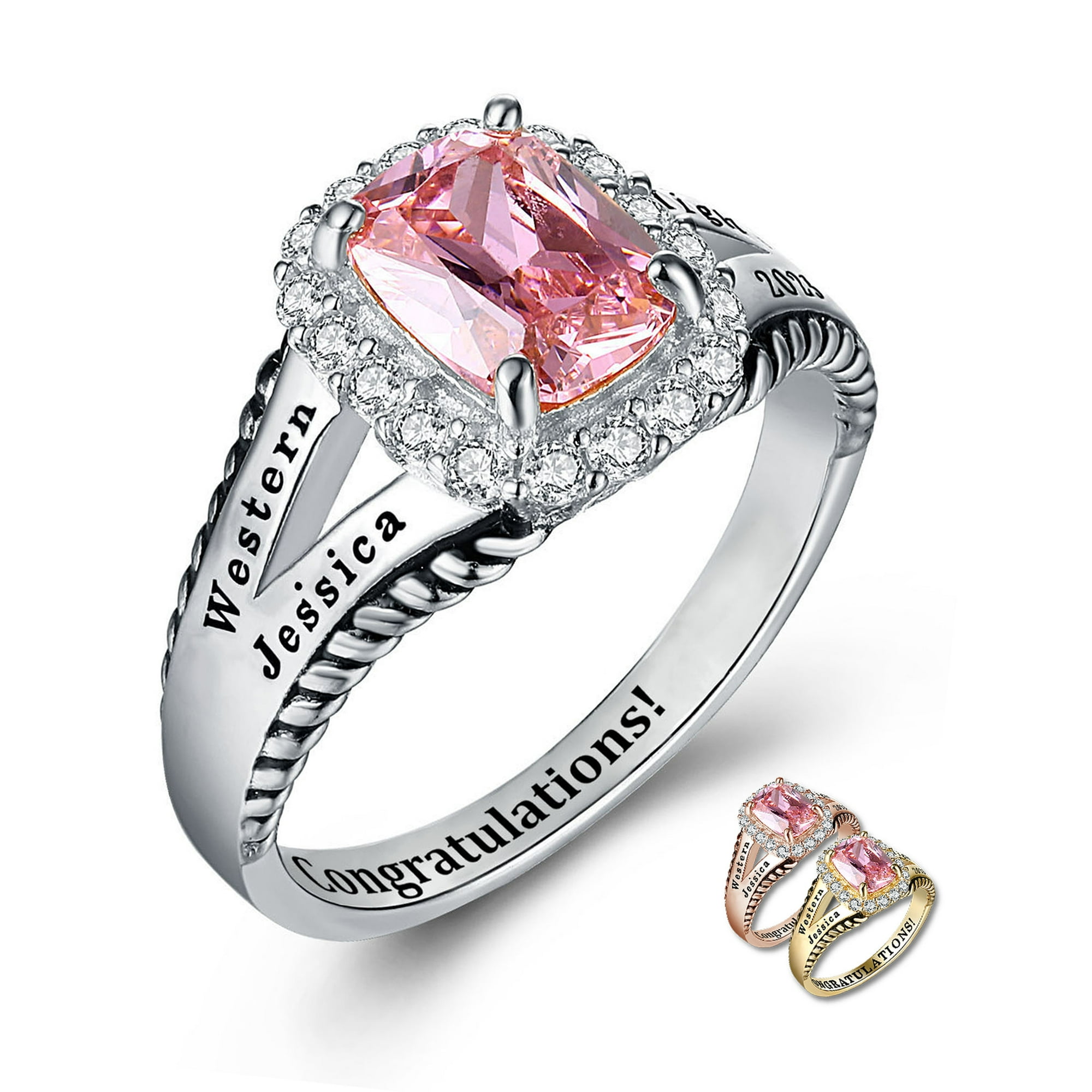 Mementos USA Custom Class Rings Sterling Silver for Women High School & College Graduate-Platinum