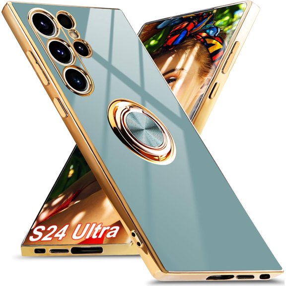for Samsung Galaxy S24 Ultra Case, Built-in 360°Rotation Ring Holder, Luxury Shiny Plating Edge Shockproof Electroplated Protective Phone Cover(Midnight Gray)