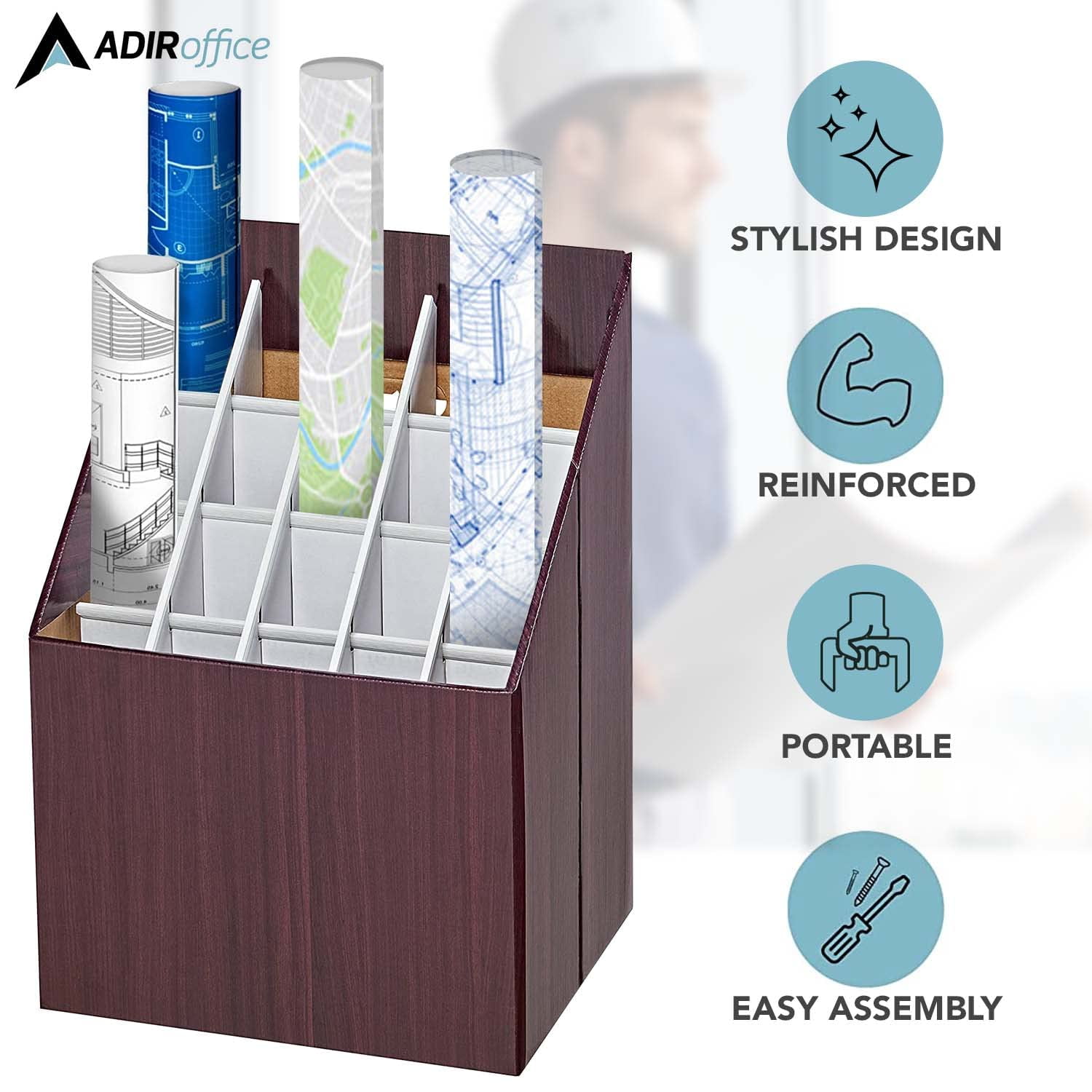 AdirOffice Blueprint Storage Bin Organizer - 20 Compartment Corrugated Cardboard Roll File Organizer, Brown