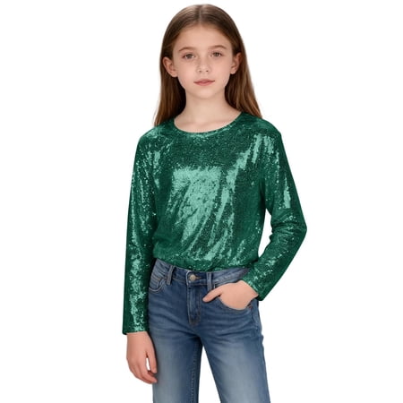 Blekii Girls Sequined Long Sleeve Sweatshirt Sparkly Pullover Casual Fashion Top Blackish Green 150