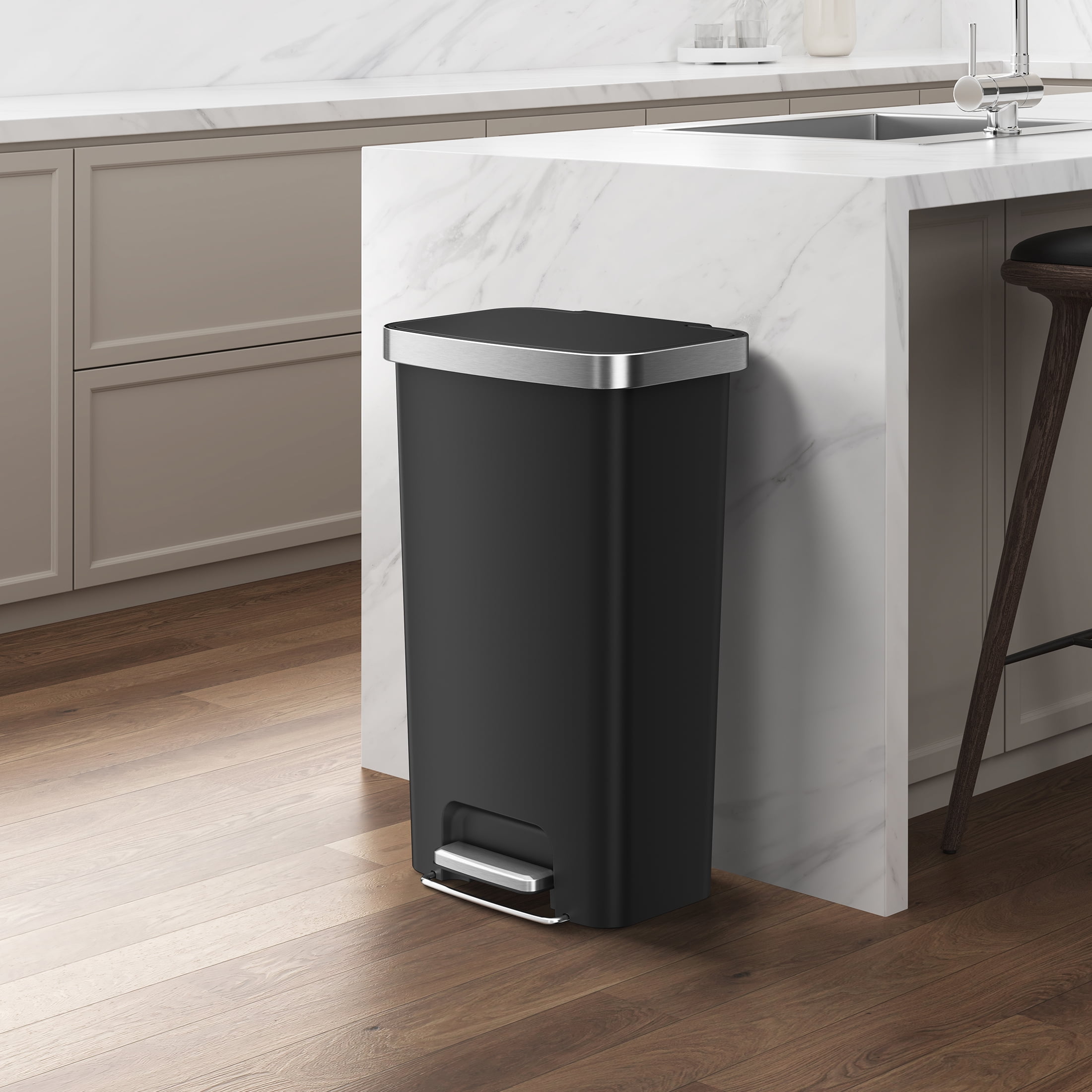 Better Homes & Gardens Kitchen Trash Can, 11.9 Gallon Plastic Step Garbage Bin with Soft Close Lid, Black