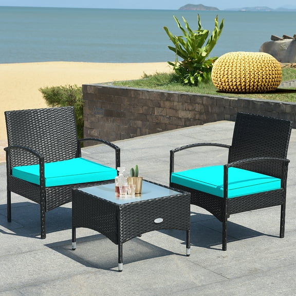 Costway 3 PCS Patio Wicker Rattan Furniture Set Coffee Table & 2 Rattan Chair W/Cushion Turquoise